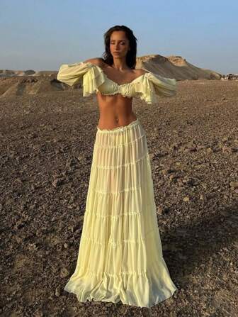 Women's Cream Yellow Two Pieces Set Off-Shoulder Ruffled Short Top Multi-Layer Ruffled Skirt,Fall Women Clothes,Homecoming Dress,Going Out Outfits,Wedding Guest Dress Women,Fairycore,Bow,Off The Shoulde