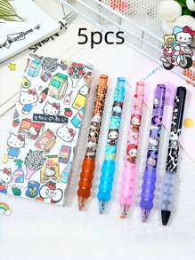 Juego de 5 bolígrafos de tinta de gel de carga súper suave con reducción de peso, secan rápido, apropiados para uso diario y como regalo de vacaciones, con estampado de leopardo y diseño de Hello Kitty de Sanrio