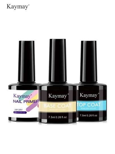 Kit de 3 piezas de Kaymay de base, capa superior y esmalte de uñas de gel con adhesión fuerte, resistente a los rayones, protección de uñas, capa superior brillante y transparente para usuarios domésticos, técnicos de manicura y entusiastas de la belleza