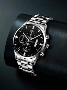 时尚男士休闲不锈钢石英表带日历 - 彩色 - 查看 9