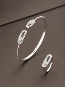 1 Set Luxury Elegant Cubic Zirconia Embellished Ring Bracelet Set With Star Design, Suitable For Women's Party Wear, No Gift Box Included