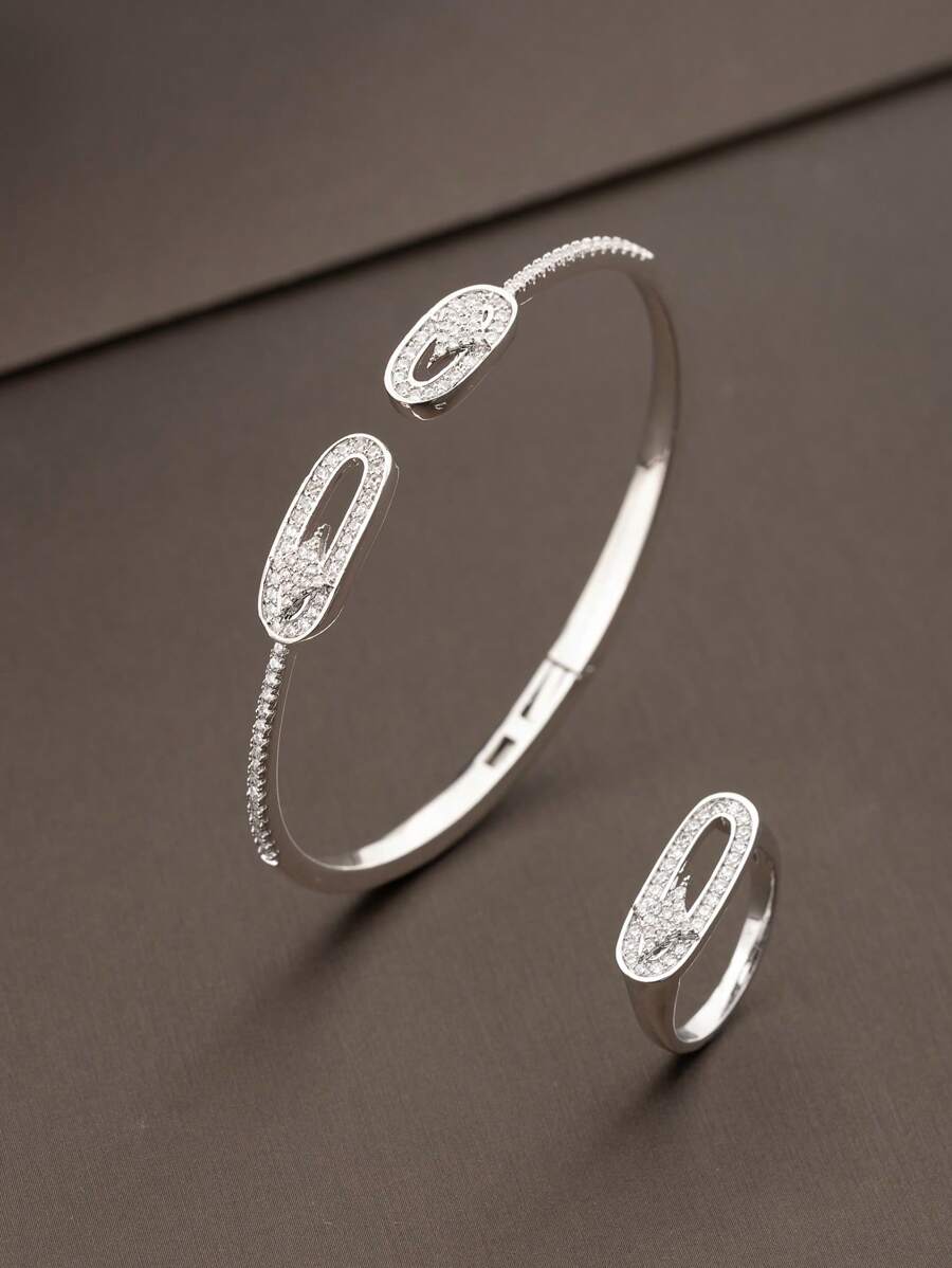 1 Set Luxury Elegant Cubic Zirconia Embellished Ring Bracelet Set With Star Design, Suitable For Women's Party Wear, No Gift Box Included