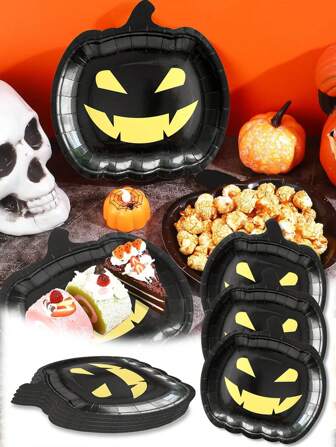 10 件 - 黑色南瓜纸盘，黑色南瓜笑脸餐具，黑色和橙色脏纸盘，万圣节装饰派对用品，适合鬼主题派对生日