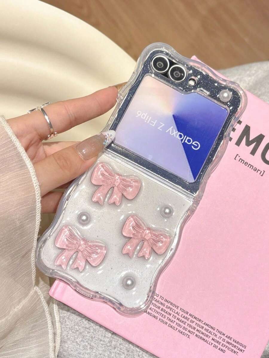 粉色蝴蝶结仿珍珠装饰 Galaxy Z Flip 6/5/4/3 可折叠手机壳，硅胶防震保护套，轻巧奢华时尚防水防摔防刮 - 無色 - 查看 1