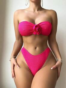 SweatyRocks Women's 3 Piece Bathing Suit Floral Design Strapless High Cut Bikini With Cover Up Skirts Swimsuit - Pink - View 6