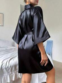 1pc Plush Robe, Suitable For Bathroom, Bedroom, Living Room, Travel For Women Back To School - Black - View 3
