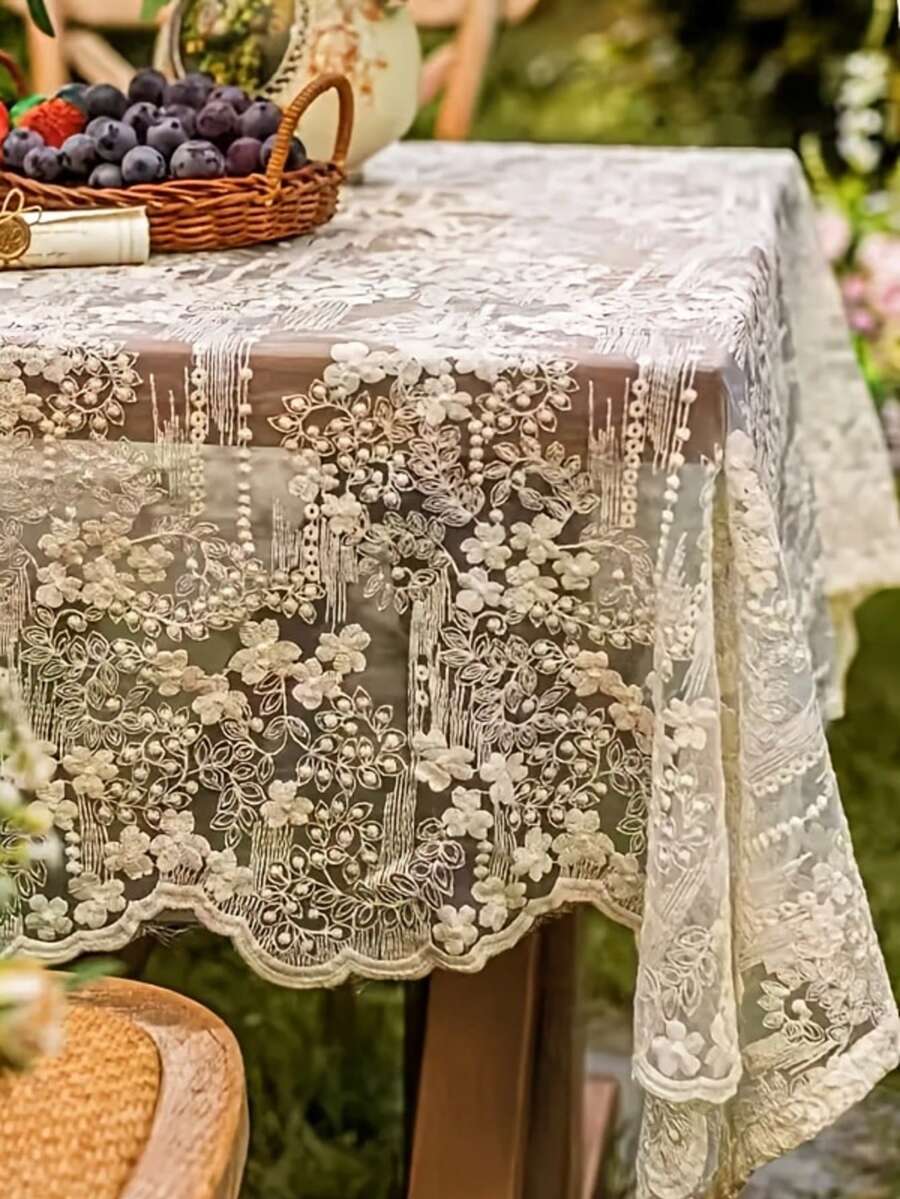 1 块涤纶桌布，优雅白色蕾丝，花卉图案，机器制造，纯色圆形、矩形，100% 涤纶编织，适用于婚礼、生日、感恩节、7 月 4 日、新年、茶几、家居装饰、夏威夷主题