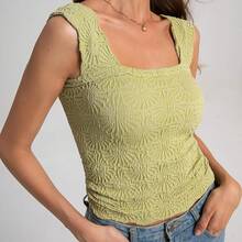 S.Women's Square Neck Wide Strap Crop Tops Flower Going Out Tops Lettuce Trim Crop Cami Tops - Green - View 3