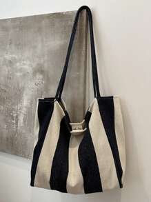 Chic Retro Striped Canvas Tote Bag, Large Capacity Spacious & Versatile, Ideal For Work, School Or Outing, School Bag, Beach Bag (Random Color Placement Of Vertical Stripes)