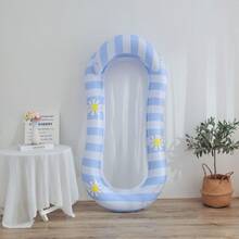 1pc PVC Daisy Pattern Pink & Blue Striped Inflatable Float Bed, Swimming Pool Water Beach Lounger, Beach Essentials, Beach Accessories