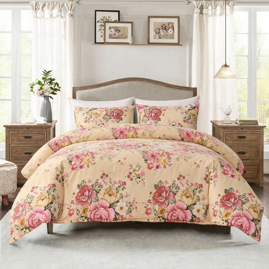 Vintage Floral Comforter Set Queen Garden Yellow Flower Duvet Cover Full 90"X 90" Duvet Cover With Zipper Closure And 2 Pillow Shams Microfiber Soft Lightweight 3pcs Farmhouse Bedding Set - 黃色 - 查看 1