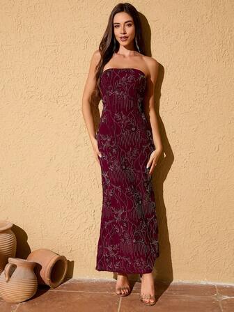 Wine Red Sequin Backless Maxi Dress With Bowknot Waist, Formal Gown