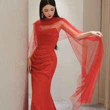 新娘休闲轻便长头纱围巾，适合婚礼拍照，纯色网眼装饰新娘配饰秋季女士服装