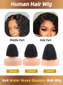Peruca Bob Sem Cola de 12" Onda de Água com Densidade de 180%, Cabelo Natural com Frente de Laço 4*4 Pré-Arrancado e Descolorido, Tira Ajustável para Ajuste Seguro - Fácil para Iniciantes, Sem Necessidade de Cola, Adequada para Todas as Etnias