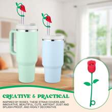 Straw Toppers For  Cup, Cute Straw Cover Cap Compatible With 20 30 40 Oz Tumbler And Water Bottles, 6 8 10mm Straws Accessories, 2Pcs Silicone Rose Flower For Women Girls Friends Gift (Pink)