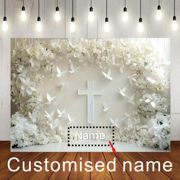 1 Stück personalisierbare Namensgestaltung, Meine erste Kommunion, weißer Hintergrund, weißes Kreuz Vogel Blumen Design, personalisierte Taufe Namensanpassung, für Hochzeit, Geburtstagsfeier und andere Hintergrunddekorations-Banner aus Vinyl