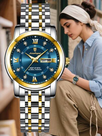 POEDAGAR 1pc Women's Elegant Waterproof Luminous Stainless Steel Quartz Wrist Watch, Casual Dual Date Display Watch, Fashion Ladies Watch, Suitable For Business Occasions, Women's Gift
