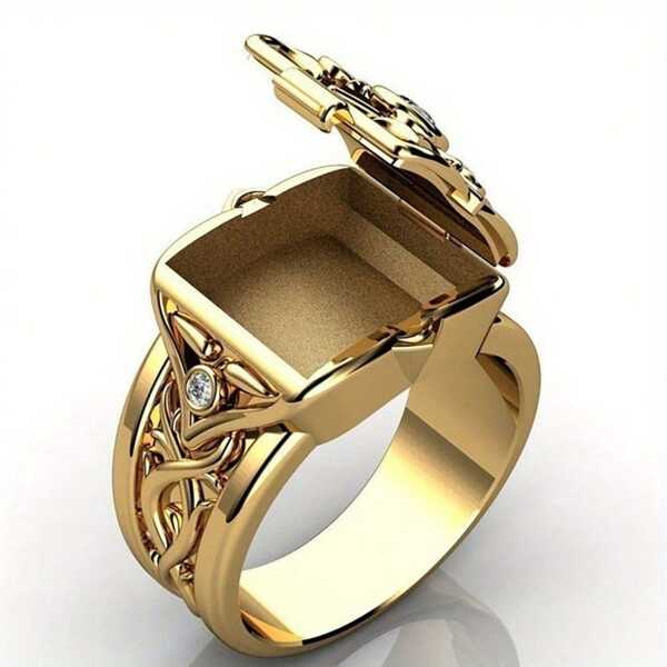 Anel Masculino de Cobre Punk com Zircônia Cúbica Quadrada - Design Exclusivo com Tampa Basculante, Adequado para Festa e Uso Diário