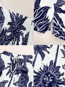 Bohemian Print Square Neck Sleeveless Tank Top And Elastic Waist Pocket Wide Leg Pants 2 Pieces Casual Holiday Outfit, Summer - Navy Blue - View 6