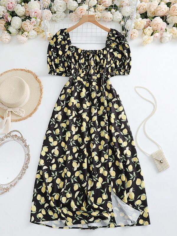 Midi-Kleid mit Quadratausschnitt, Puffärmeln und Fruchtmuster, für Kurven & Große Größen