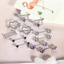 6 Pairs Stainless Steel Nipple Rings Set With Heart & Butterfly Designs - Purple - View 3