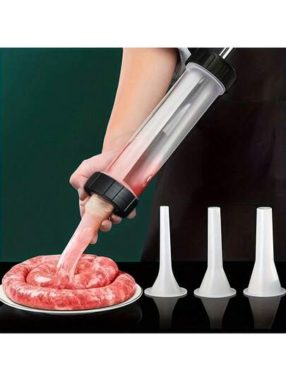 1 件香肠填充器 + 3 件香肠填充管，DIY 熏制/腌制香肠自制香肠制作工具套件，手动小型家用香肠填充器