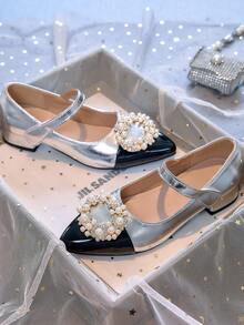 1 Pair Pointed Toe Block Heel Mary Jane Flats Suitable For Teens, All Seasons - Silver - View 3