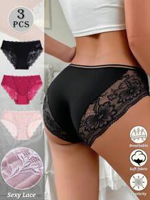 3pcs Sexy Lace Panties Seamless Low Waist Panty Lingerie For Women Floral Pattern Mesh Briefs With Silky Tactile Touch Basics Thin Fabric Knickers Soft Stretch Sexy Panties