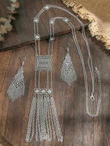 TopHanqi 3 Pieces Of Retro-Style Ancient Silver Geometric Alloy Chain Tassel Long Earrings And Necklace Set For Women In All Seasons, Daily Life And Work, Street Photography, Simple, Fashionable And Elegant Accessories - Antique Silver - View 2