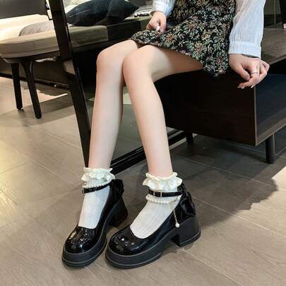 Mary Jane Schuhe aus PU-Leder für Damen – Schuhe passend zu Röcken – Runde Zehenpartie, Lamé-Absatz und dicke Sohle – Loafer – Absatzhöhe 6,5 cm