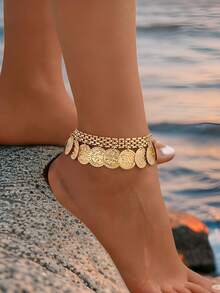 1 件时尚海洋元素珠宝，流苏贝壳硬币脚链，女士海滩度假珠宝