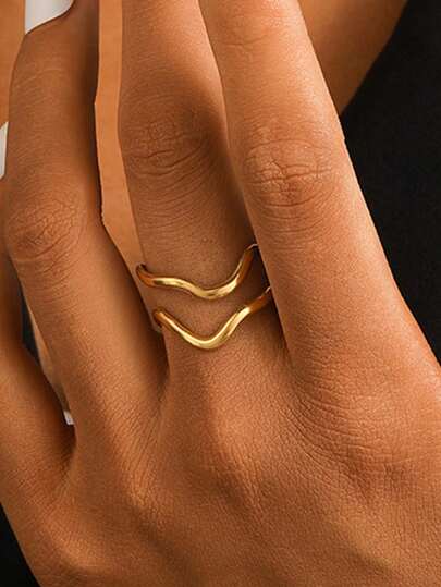 COINBUFF 1pc Minimalist Double Layer Line Wave Textured Stainless Steel Plated Gold Adjustable Open Ring For Women