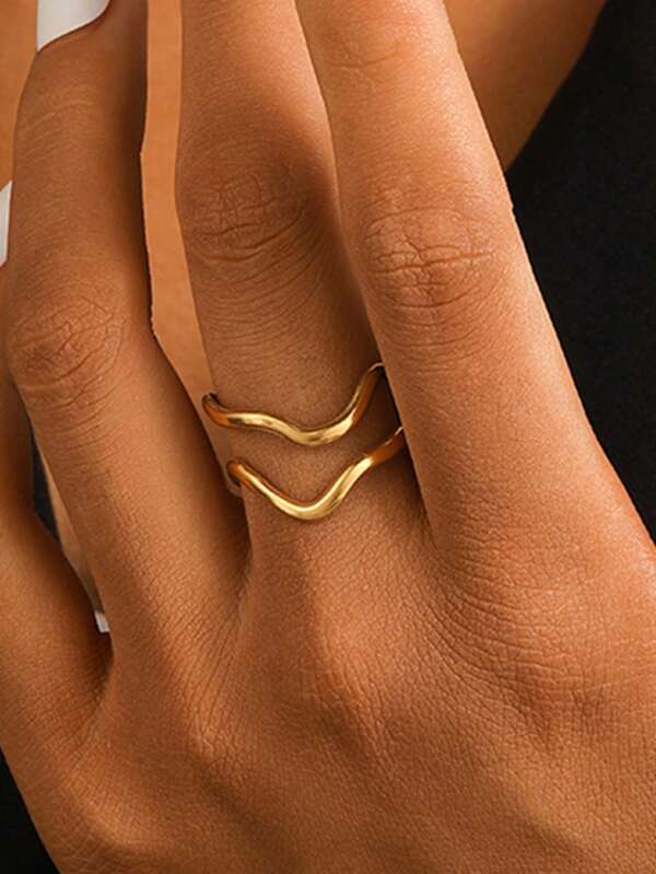 COINBUFF 1 pieza Anillo ajustable abierto de acero inoxidable dorado de doble capa con línea de ola minimalista para mujeres