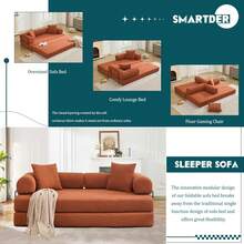 Convertible Folding Sofa Bed, Modular Floor Sofa With Removable Backrest, 3-Seater Fold Out Couch Bed With Pillows, King Size Futon Lazy Couch Corduroy Sleeper For Living Room, Dorm, Orange - 珊瑚橙 - 查看 6