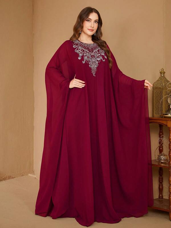 Robe du soir en mousseline de soie plissée avec patchwork de perles pailletées, manches cape rondes pour femmes SUPGIR Plus