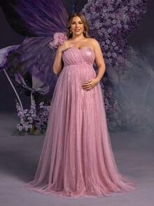 Faeriesty Vestido de gala Dressalisa Plus de lujo con hombros con relieve floral 3D, elegante para sesiones de fotos para madres embarazadas (eventos formales de primavera/verano y baby shower, falda de tul y lentejuelas etérea) - Rosa vieja - Ver 2