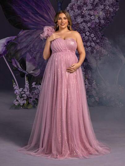 Faeriesty Dressalisa Plus Luxury With 3D Floral Embossed Shoulder Elegant Photoshoot Gown For Expectant Mothers (Spring/Summer Formal Events&Baby Shower, Ethereal Sequin & Tulle Skirt)