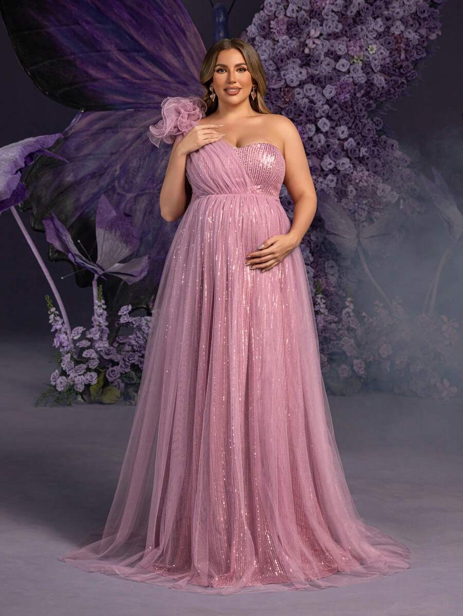 Faeriesty Vestido de gala Dressalisa Plus de lujo con hombros con relieve floral 3D, elegante para sesiones de fotos para madres embarazadas (eventos formales de primavera/verano y baby shower, falda de tul y lentejuelas etérea)