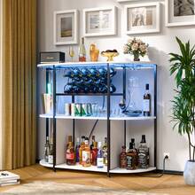 Wine Bar Cabinet Featuring Power Outlet And LED Light, 4-Tier Home Liquor Bar With Storage Rack And Glass Holder