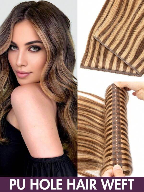 Trenza de cabello humano Remy con agujeros de PU, color piano, cabello humano recto invisible, extensiones de cabello humano en paquetes para mujeres