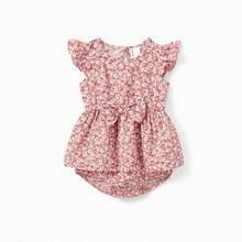 PatPat Family Matching Blue Cotton Colorblock Tee Shirt Or Flora Print Smocking Puff-Sleeve Dress Set - 粉色 - 查看 3