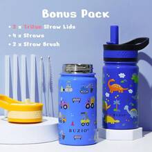 2 Pack Insulated Kids Water Bottle,  14oz Stainless Steel Water Bottles With  Straw Lid, -FREE Lead-Free Double Wall Leak Proof Drink Cups Flask For School (Blue Car +Blue Dinosaur) - 藍/藍 - 查看 3
