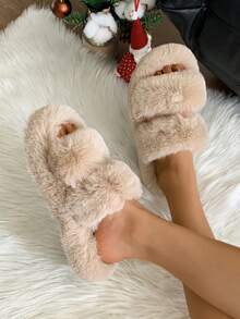 Damen Pantoffeln mit dicker Sohle und flauschigem Weihnachtsdesign für den Außenbereich, neue Herbst Fairy-Stil Aufzug Schlüpf-Pantoffeln, lässige flache Plateau-Pantoffeln für Zuhause/Büro