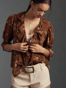 Women's Button Down Blouse Loose Fit Solid/Floral Print Ruffled V Neck Elbow Sleeve Tops - Brown - View 1