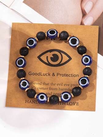 1 件时尚黑曜石亚克力恶魔眼串珠弹性手链，适合女士日常佩戴