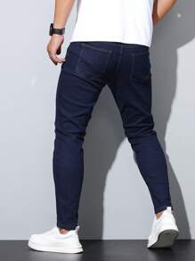 1 pieza Jeans de ajuste ceñido y elástico para hombres, pantalones casuales estilo coreano ajustados