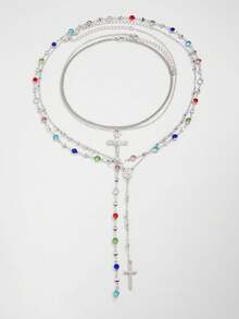 4件套波西米亚水晶流苏项链，长款吊坠项链，度假风首饰，适合派对、送礼和日常佩戴 - 銀色 - 查看 3