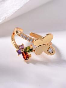 1pc Delicate Butterfly Decorative Cuff Ring With Sparkling Colorful Zirconia,Open Adjustable Ladies Ring,Women's Creative Jewelry,Summer Vacation Accessories,Women's Daily Wear,Party,Date,Gathering,Valentine's Day Gift.