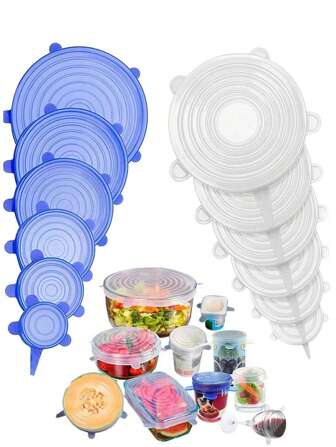 Set de 6 tapas de silicona elásticas reutilizables, tapa de silicona duradera para almacenamiento de alimentos, 6 tamaños que se adaptan a la mayoría de los recipientes, mantiene los alimentos frescos, apto para microondas, fácil de limpiar, accesorio de cocina, adecuado para varios recipientes de almacenamiento de alimentos, se puede calentar y refrigerar (microondas y congelador)
