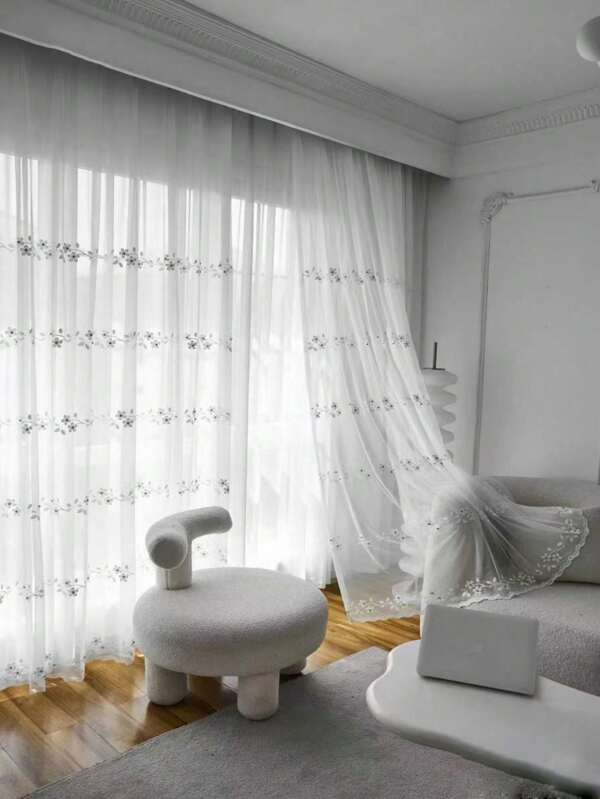 1pc Elegant Minimalist Embroidered Voile Curtain, With Top Rod Pocket Design For Easy Installation, Suitable For Living Room, Bedroom, Dining Room, Study, Kitchen, Office, Classroom And More, Made Of 100% Polyester, Machine Washable Or Hand Wash